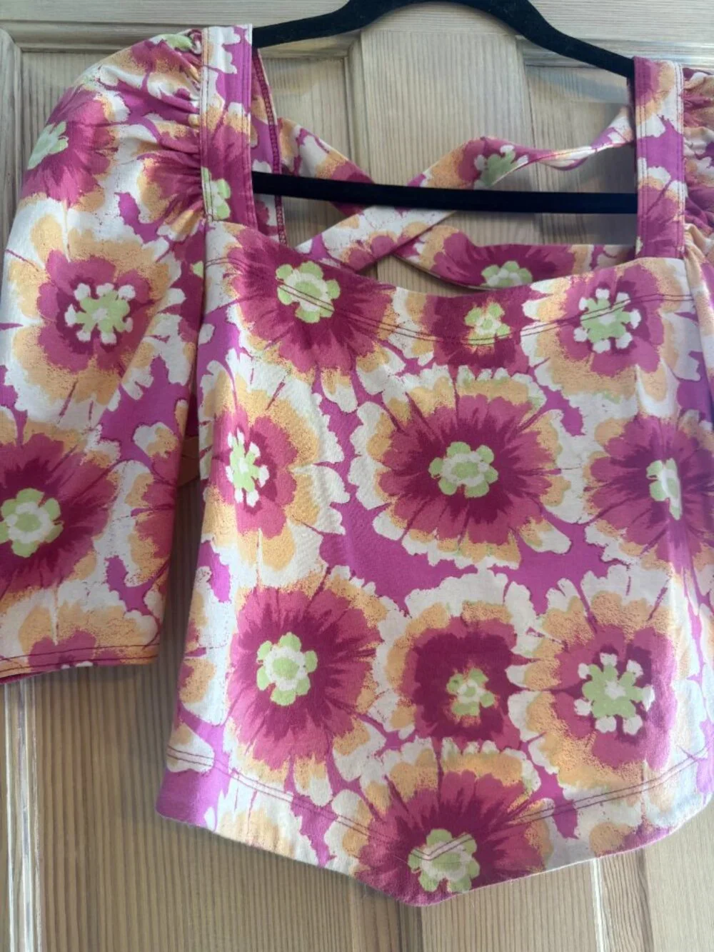 Free People Floral Puff Sleeve Corset Crop Top Pink Orange Size S